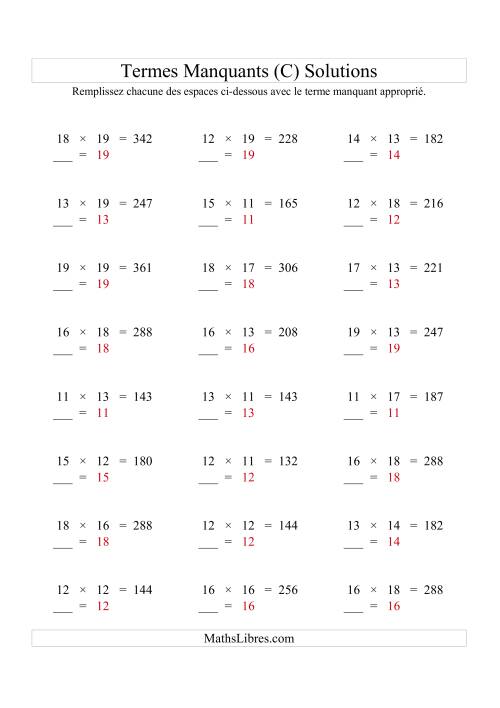 Équations avec Termes Manquants (Espaces Blancs) -- Multiplication (Variation 1 à 20) (C) page 2