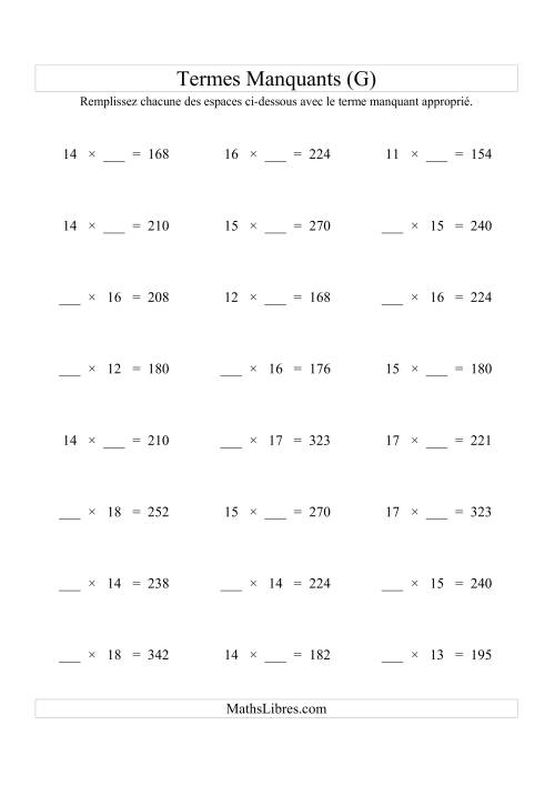 Équations avec Termes Manquants (Espaces Blancs) -- Multiplication (Variation 1 à 20) (G)