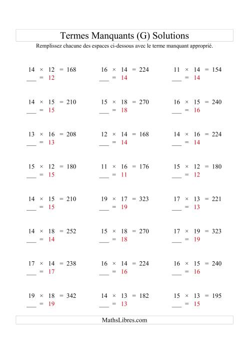 Équations avec Termes Manquants (Espaces Blancs) -- Multiplication (Variation 1 à 20) (G) page 2