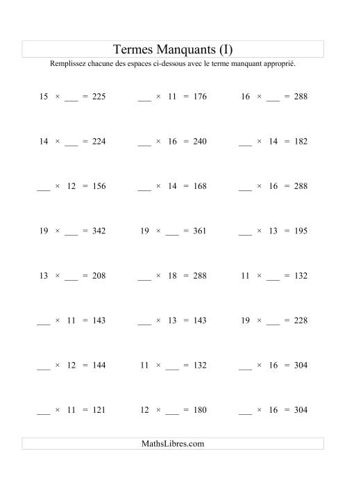 Équations avec Termes Manquants (Espaces Blancs) -- Multiplication (Variation 1 à 20) (I)