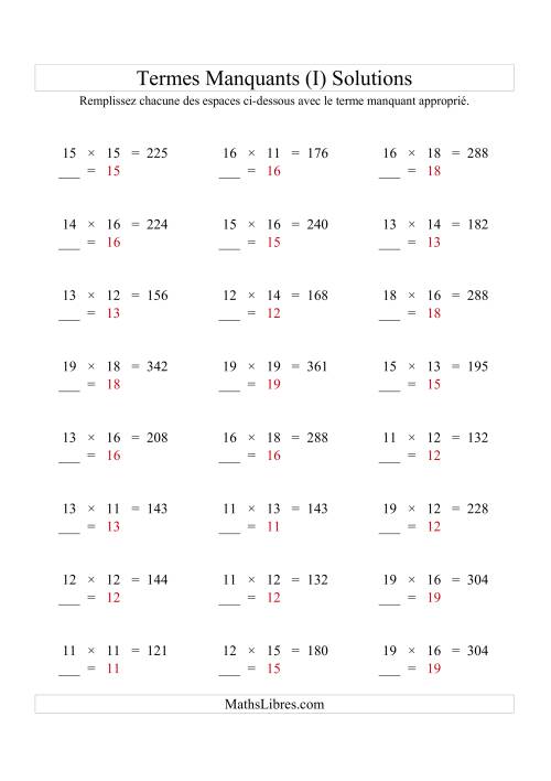 Équations avec Termes Manquants (Espaces Blancs) -- Multiplication (Variation 1 à 20) (I) page 2