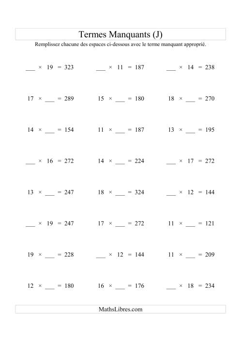 Équations avec Termes Manquants (Espaces Blancs) -- Multiplication (Variation 1 à 20) (J)