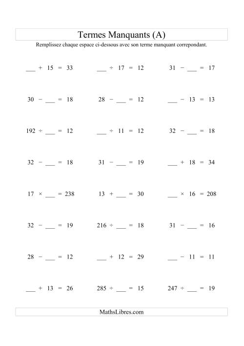 Équations avec Termes Manquants (Espaces Blancs) -- Toutes Opérations (Variation 1 à 20) (A)