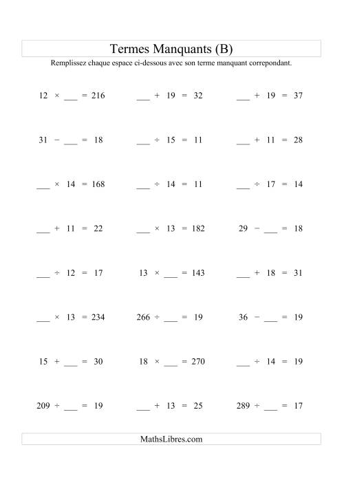 Équations avec Termes Manquants (Espaces Blancs) -- Toutes Opérations (Variation 1 à 20) (B)