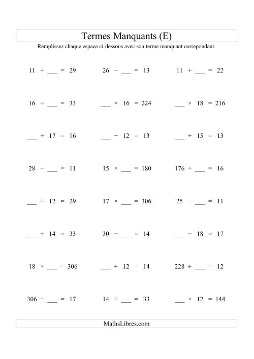Équations avec Termes Manquants (Espaces Blancs) -- Toutes Opérations (Variation 1 à 20) (E)