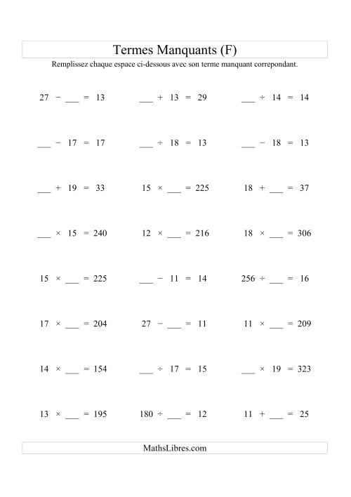 Équations avec Termes Manquants (Espaces Blancs) -- Toutes Opérations (Variation 1 à 20) (F)