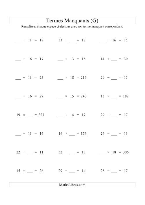 Équations avec Termes Manquants (Espaces Blancs) -- Toutes Opérations (Variation 1 à 20) (G)