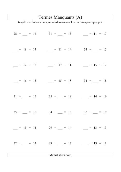 Équations avec Termes Manquants (Espaes Blancs) -- Soustraction (Variation 1 à 20) (A)