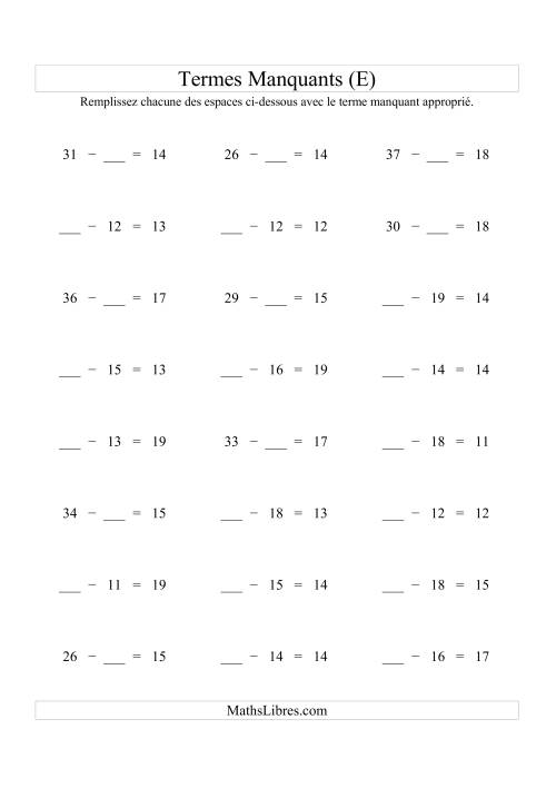 Équations avec Termes Manquants (Espaes Blancs) -- Soustraction (Variation 1 à 20) (E)