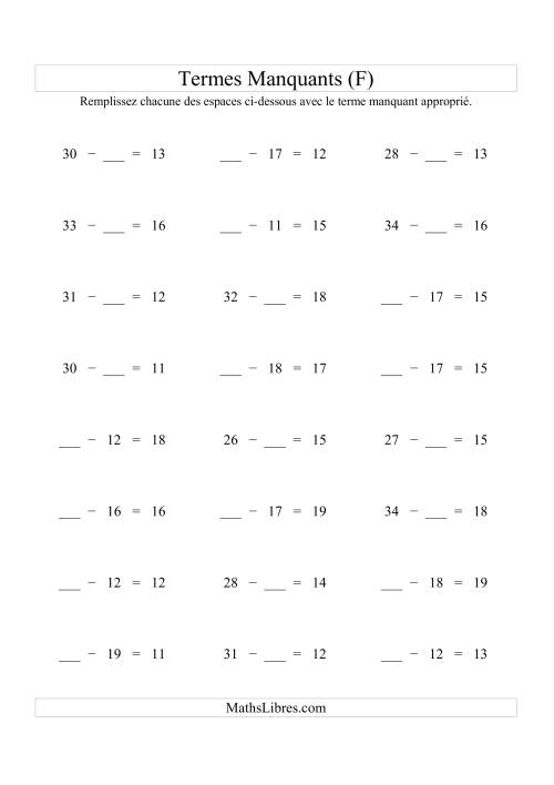 Équations avec Termes Manquants (Espaes Blancs) -- Soustraction (Variation 1 à 20) (F)