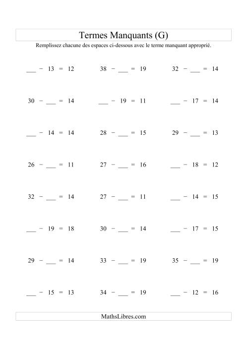 Équations avec Termes Manquants (Espaes Blancs) -- Soustraction (Variation 1 à 20) (G)