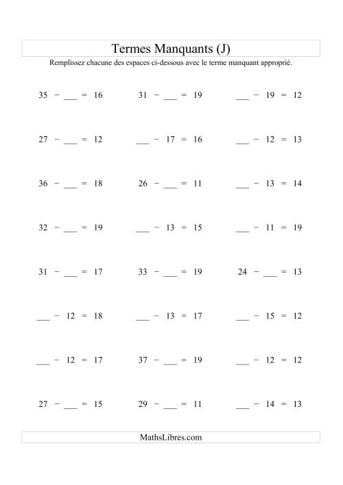 Équations avec Termes Manquants (Espaes Blancs) -- Soustraction (Variation 1 à 20) (J)
