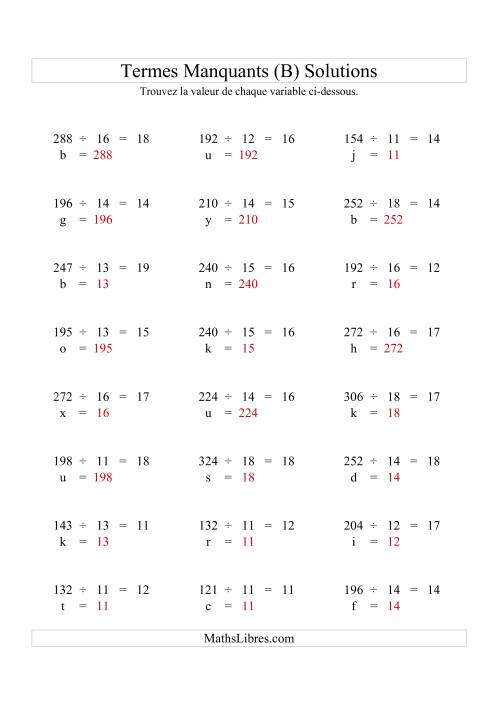 Équations avec Termes Manquants (Variables) -- Division (Variation 1 à 20) (B) page 2