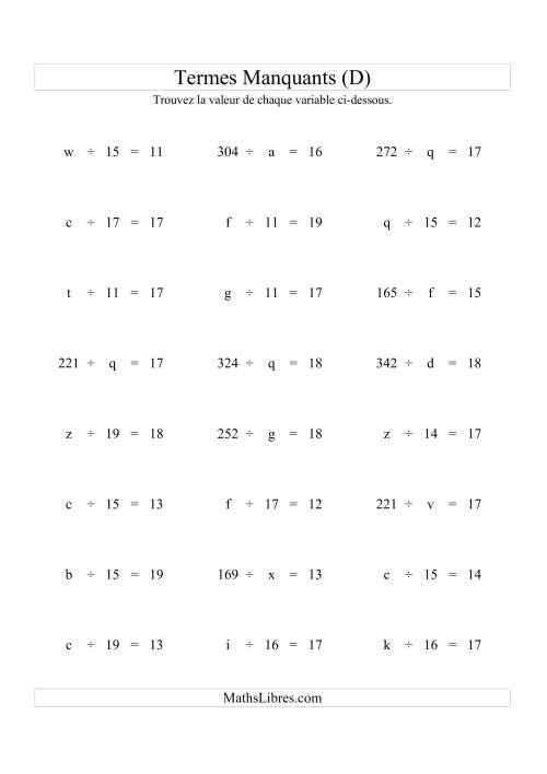 Équations avec Termes Manquants (Variables) -- Division (Variation 1 à 20) (D)