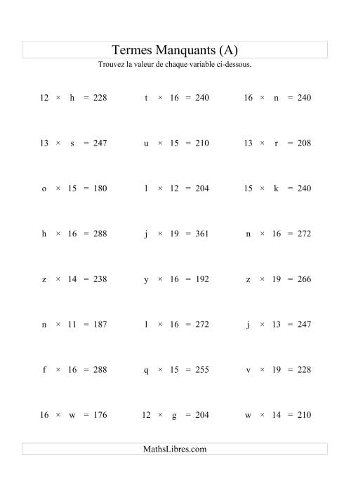 Équations avec Termes Manquants (Variables) -- Multiplication (Variation 1 à 20) (A)