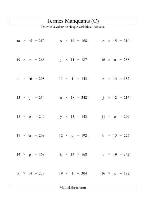 Équations avec Termes Manquants (Variables) -- Multiplication (Variation 1 à 20) (C)