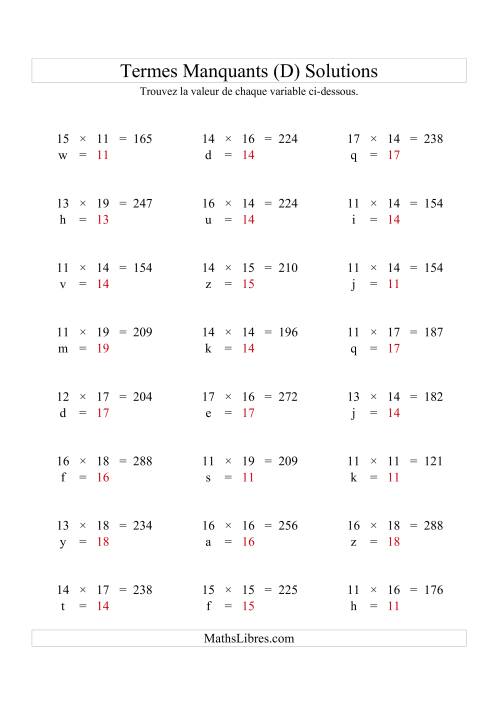 Équations avec Termes Manquants (Variables) -- Multiplication (Variation 1 à 20) (D) page 2