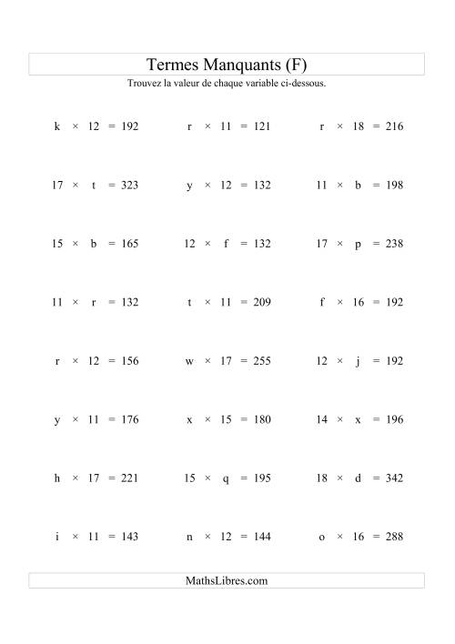 Équations avec Termes Manquants (Variables) -- Multiplication (Variation 1 à 20) (F)