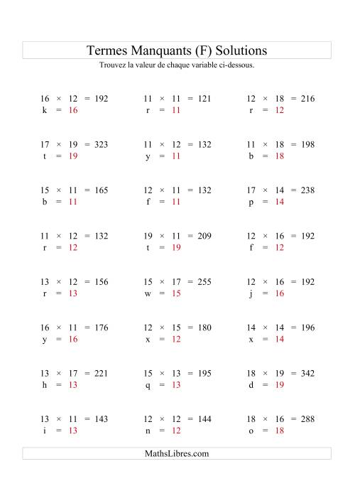 Équations avec Termes Manquants (Variables) -- Multiplication (Variation 1 à 20) (F) page 2