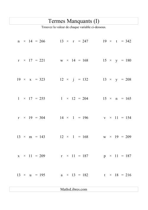 Équations avec Termes Manquants (Variables) -- Multiplication (Variation 1 à 20) (I)