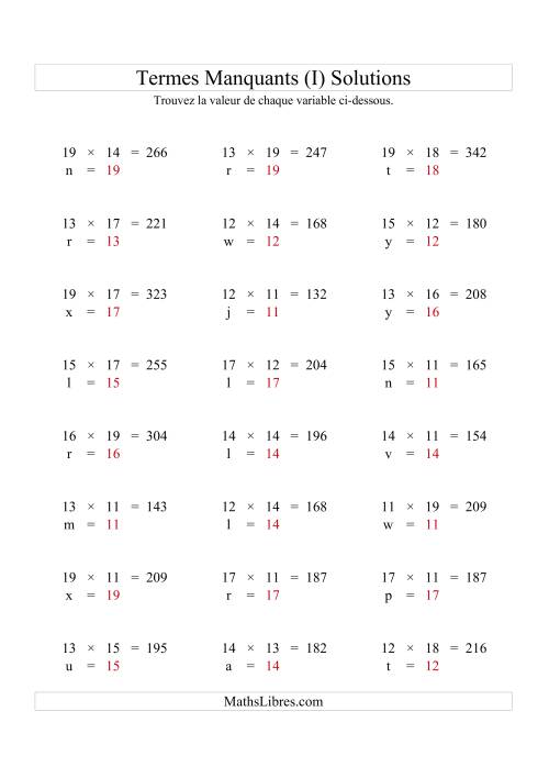 Équations avec Termes Manquants (Variables) -- Multiplication (Variation 1 à 20) (I) page 2