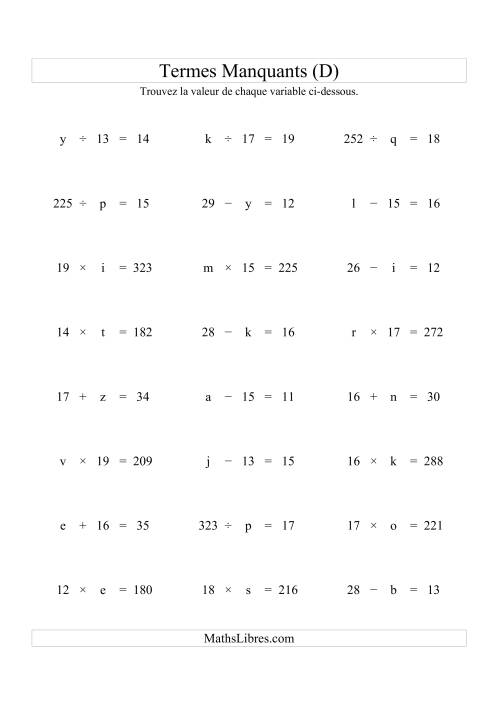Équations avec Termes Manquants (Variables) -- Toutes Opérations (Variation 1 à 20) (D)