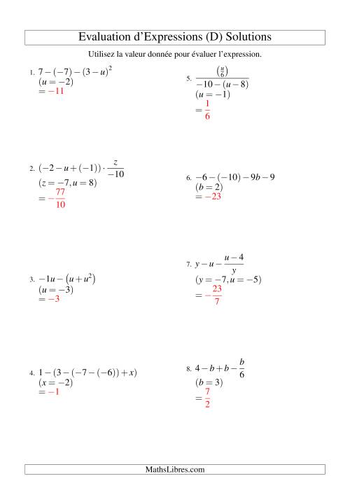 Résolution d'Expressions Algébriques à Quatre Étapes avec Trois Variables (D) page 2