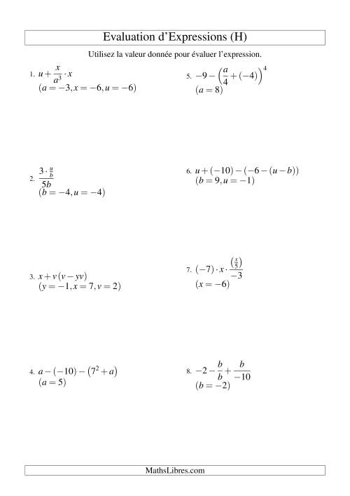 Résolution d'Expressions Algébriques à Quatre Étapes avec Trois Variables (H) page 2