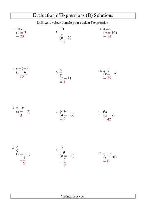 Résolution d'Expressions Algébriques à Une Étape avec Une Variable (Sans Exposants) (B) page 2