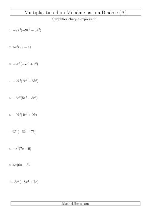 Multiplication d’un Monôme par un Binôme (A)