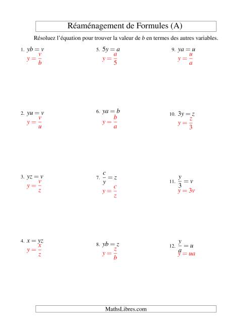 Réaménagement de Formules -- Une Étape -- Multiplication et Division (A) page 2