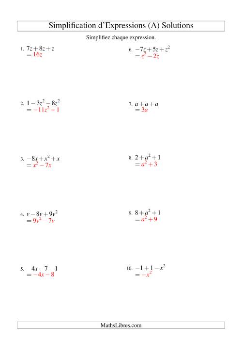 Simplification d'Expressions Algébriques avec Trois Termes et Une Variable (Addition et Soustraction) (A) page 2