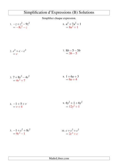 Simplification d'Expressions Algébriques avec Trois Termes et Une Variable (Addition et Soustraction) (B) page 2