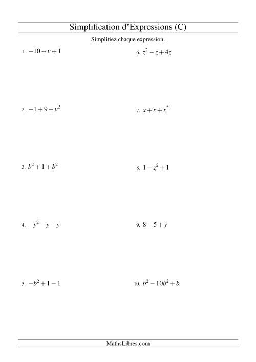 Simplification d'Expressions Algébriques avec Trois Termes et Une Variable (Addition et Soustraction) (C)