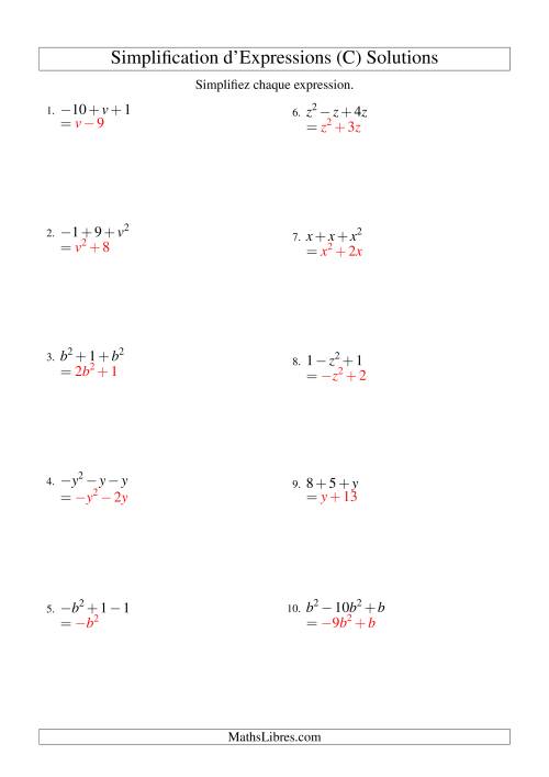 Simplification d'Expressions Algébriques avec Trois Termes et Une Variable (Addition et Soustraction) (C) page 2