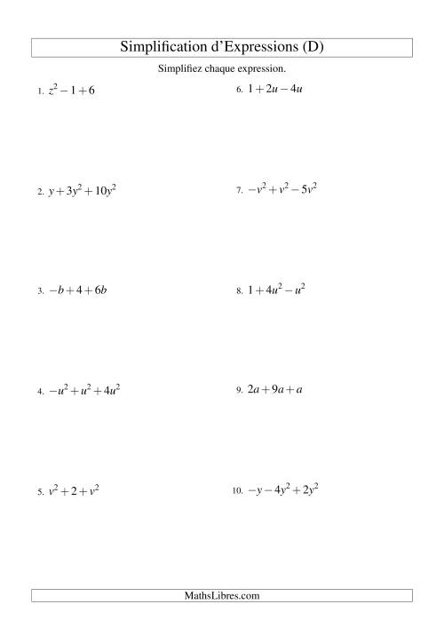 Simplification d'Expressions Algébriques avec Trois Termes et Une Variable (Addition et Soustraction) (D)