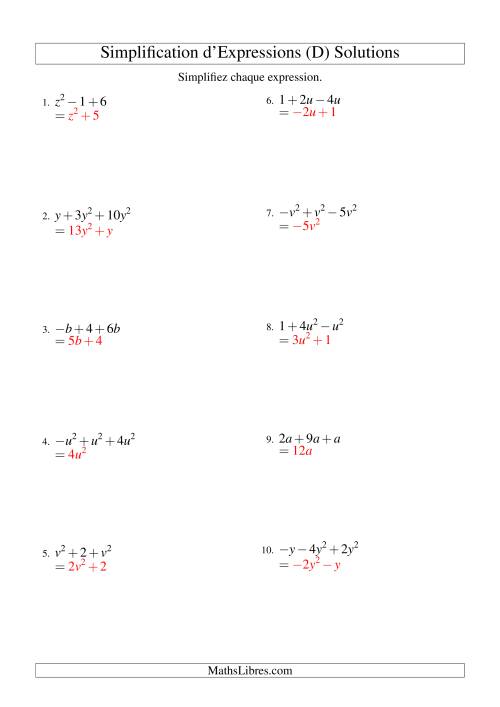 Simplification d'Expressions Algébriques avec Trois Termes et Une Variable (Addition et Soustraction) (D) page 2