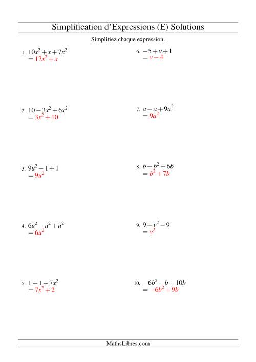 Simplification d'Expressions Algébriques avec Trois Termes et Une Variable (Addition et Soustraction) (E) page 2