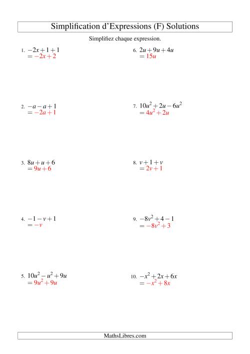 Simplification d'Expressions Algébriques avec Trois Termes et Une Variable (Addition et Soustraction) (F) page 2