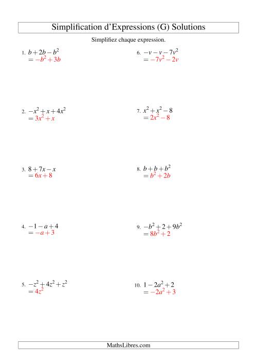 Simplification d'Expressions Algébriques avec Trois Termes et Une Variable (Addition et Soustraction) (G) page 2