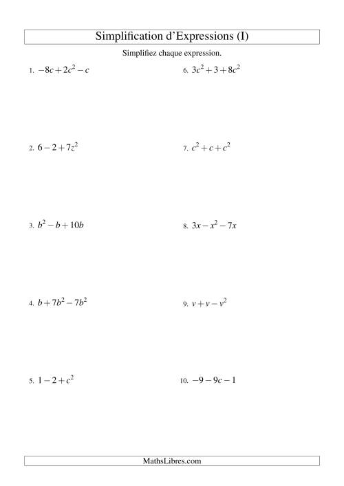 Simplification d'Expressions Algébriques avec Trois Termes et Une Variable (Addition et Soustraction) (I)