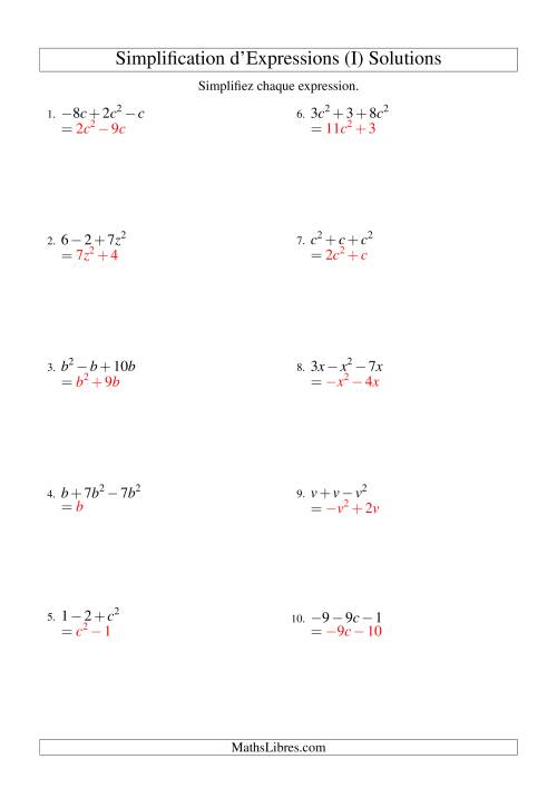 Simplification d'Expressions Algébriques avec Trois Termes et Une Variable (Addition et Soustraction) (I) page 2