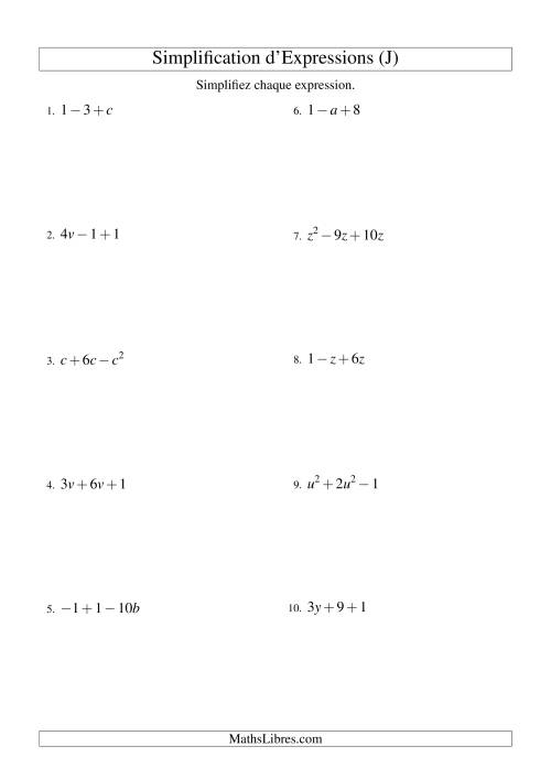 Simplification d'Expressions Algébriques avec Trois Termes et Une Variable (Addition et Soustraction) (J)