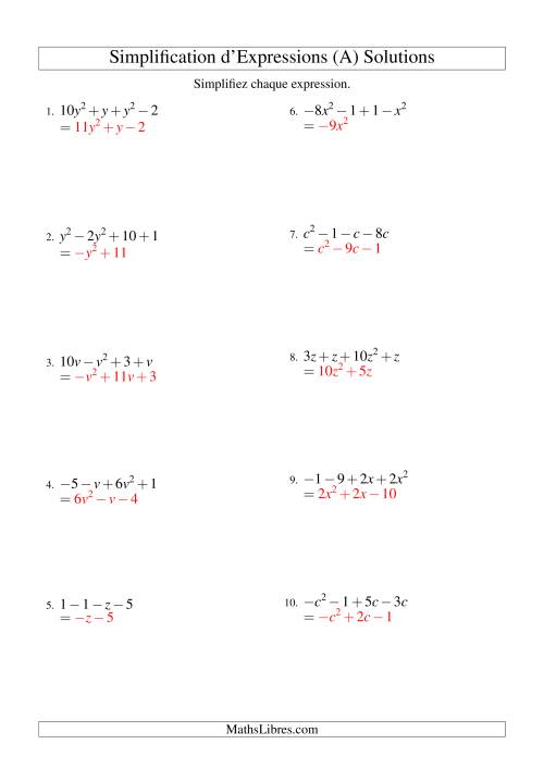 Simplification d'Expressions Algébriques avec Quatre Termes et Une Variable (Addition et Soustraction) (A) page 2