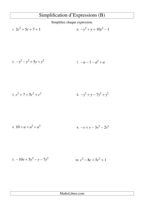 Simplification d'Expressions Algébriques avec Quatre Termes et Une Variable (Addition et Soustraction) (B)
