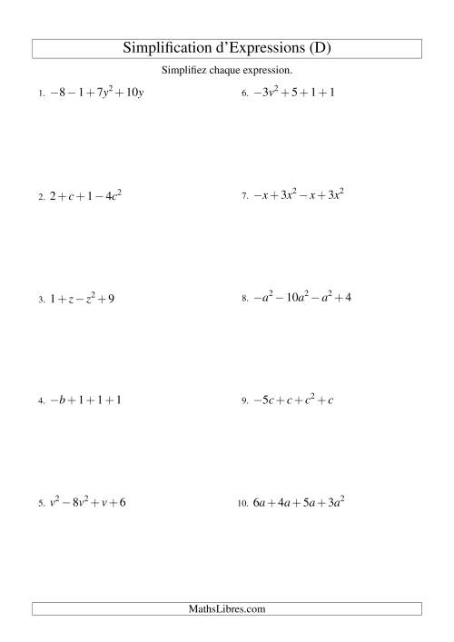 Simplification d'Expressions Algébriques avec Quatre Termes et Une Variable (Addition et Soustraction) (D)