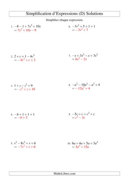 Simplification d'Expressions Algébriques avec Quatre Termes et Une Variable (Addition et Soustraction) (D) page 2