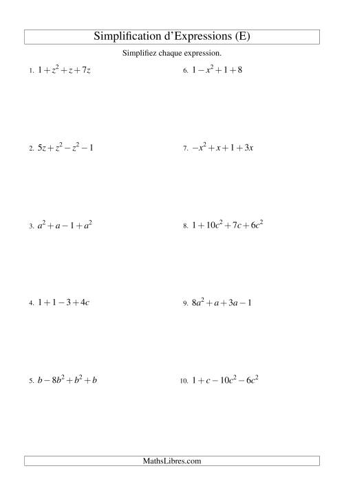 Simplification d'Expressions Algébriques avec Quatre Termes et Une Variable (Addition et Soustraction) (E)
