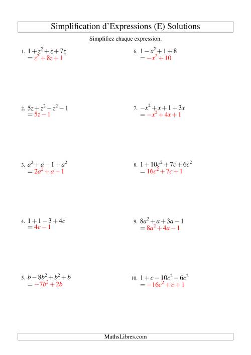 Simplification d'Expressions Algébriques avec Quatre Termes et Une Variable (Addition et Soustraction) (E) page 2