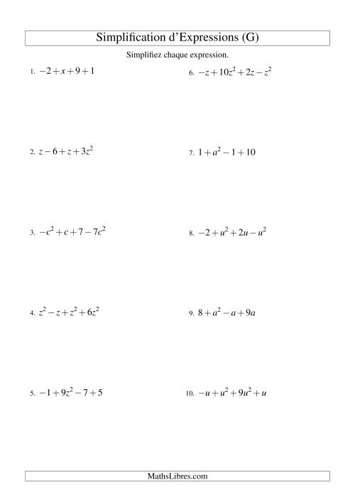 Simplification d'Expressions Algébriques avec Quatre Termes et Une Variable (Addition et Soustraction) (G)